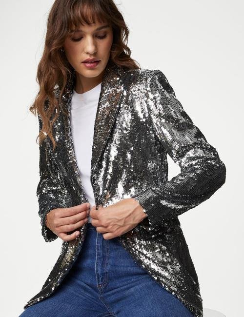 Gümüş Payetli Tailored Fit Blazer Ceket