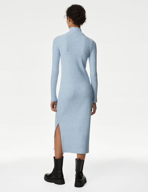 Gri Mavi Regular Fit Midi Triko Elbise