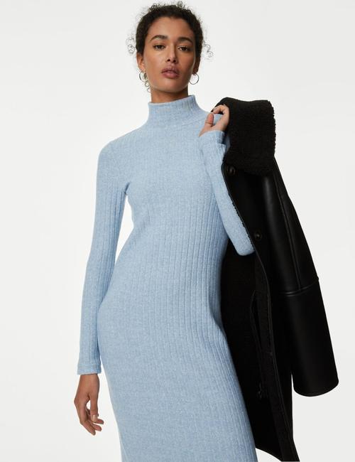 Gri Mavi Regular Fit Midi Triko Elbise