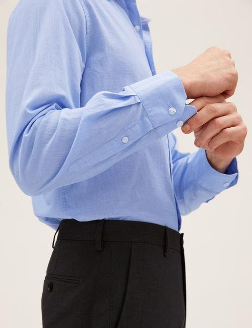 Mavi Saf Pamuklu Uzun Kollu Gömlek