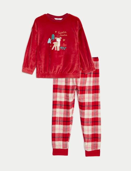 Kırmızı Yılbaşı Temalı Uzun Kollu Pijama Takımı (1-8 Yaş)