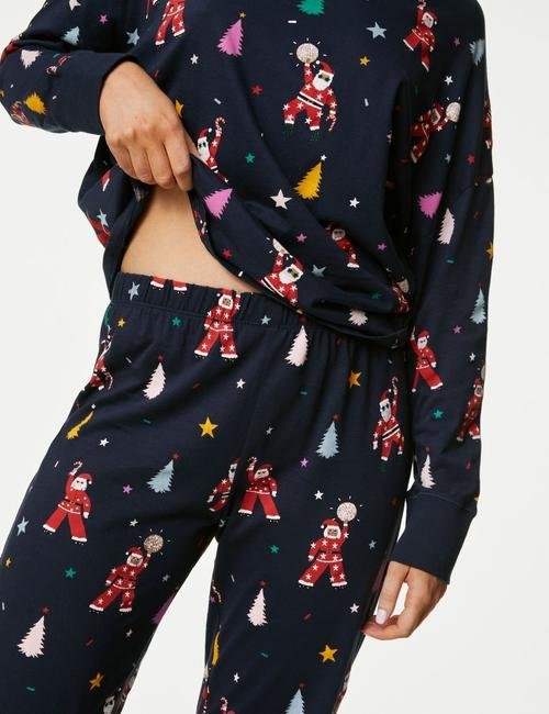 Lacivert Saf Pamuklu Uzun Kollu Pijama Takımı