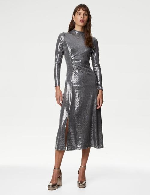 Gümüş Uzun Kollu Payetli Midi Elbise