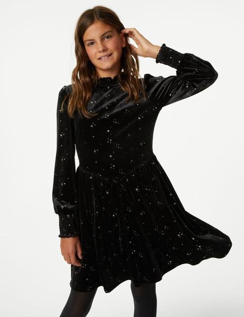 Siyah Yıldız Desenli Uzun Kollu Kadife Elbise (6-16 Yaş)