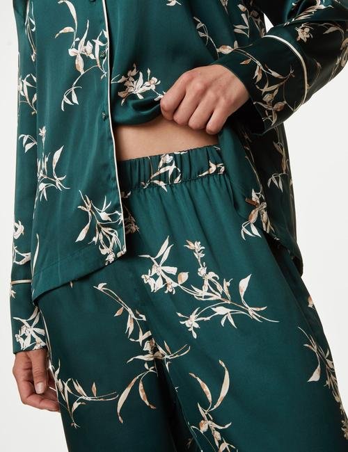 Yeşil Dream Satin™ Yaprak Desenli Uzun Kollu Pijama Takımı