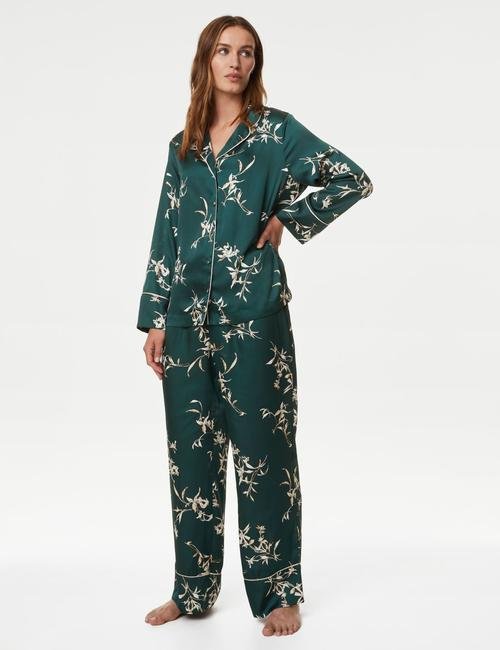 Yeşil Dream Satin™ Yaprak Desenli Uzun Kollu Pijama Takımı