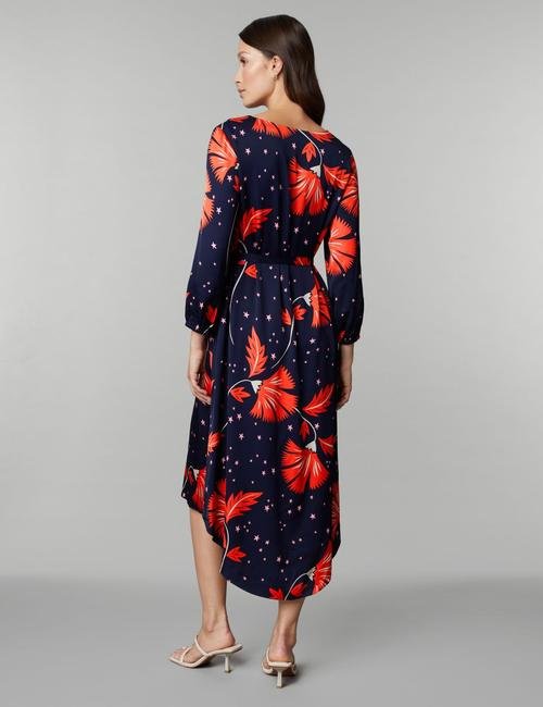 Lacivert Çiçek Desenli V Yaka Midi Elbise