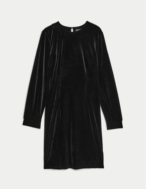 Siyah Uzun Kollu Mini Kadife Elbise