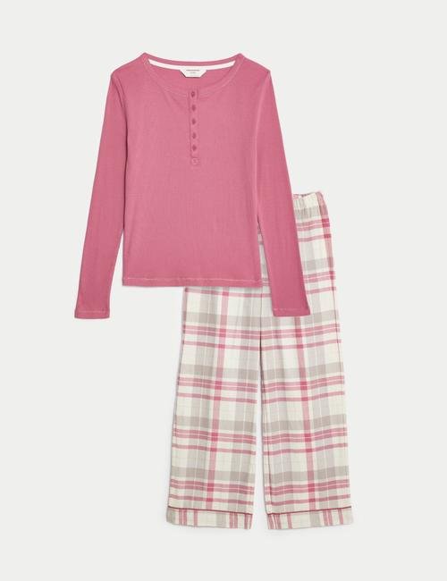 Pembe Ekose Desenli Uzun Kollu Pijama Takımı