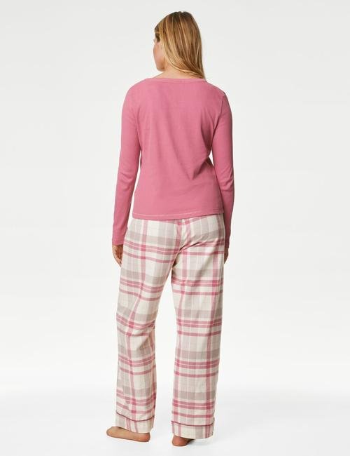 Pembe Ekose Desenli Uzun Kollu Pijama Takımı