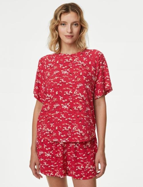 Kırmızı Tammy Çiçek Desenli Kısa Kollu Pijama Takımı
