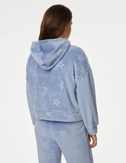 Mavi Yıldız Desenli Kapüşonlu Polar Pijama Üstü