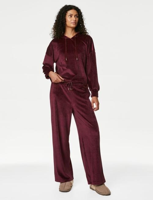 Bordo Flexifit™ Kapüşonlu Kadife Pijama Üstü