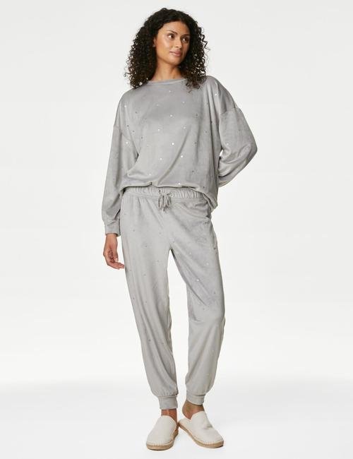 Açık Gri Flexifit™ Puantiye Desenli Kadife Pijama Üstü