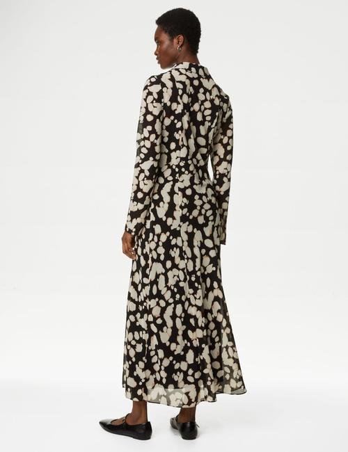 Siyah Mix Uzun Kollu Desenli Midi Elbise