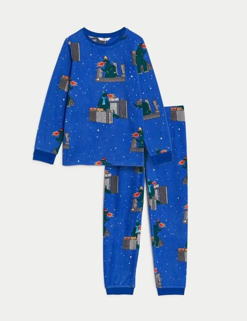 Mavi Godzilla Desenli Uzun Kollu Polar Pijama Takımı (2-16 Yaş)