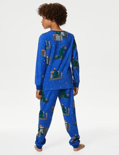 Mavi Godzilla Desenli Uzun Kollu Polar Pijama Takımı (2-16 Yaş)