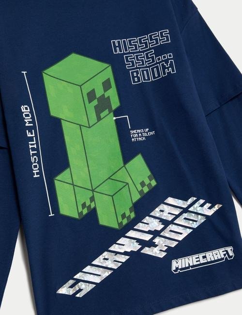 Lacivert Saf Pamuklu Uzun Kollu Minecraft™ T-Shirt (6-16 Yaş)