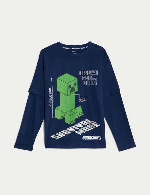 Lacivert Saf Pamuklu Uzun Kollu Minecraft™ T-Shirt (6-16 Yaş)
