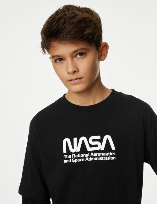 Siyah Mix Saf Pamuklu Uzun Kollu NASA™ T-Shirt (6-16 Yaş)