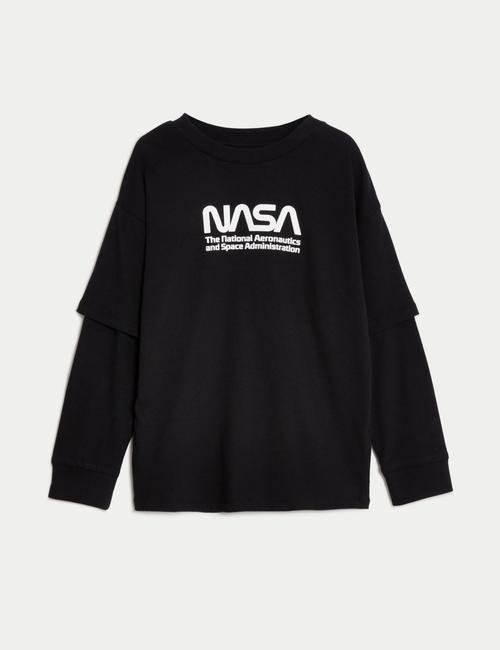 Siyah Mix Saf Pamuklu Uzun Kollu NASA™ T-Shirt (6-16 Yaş)