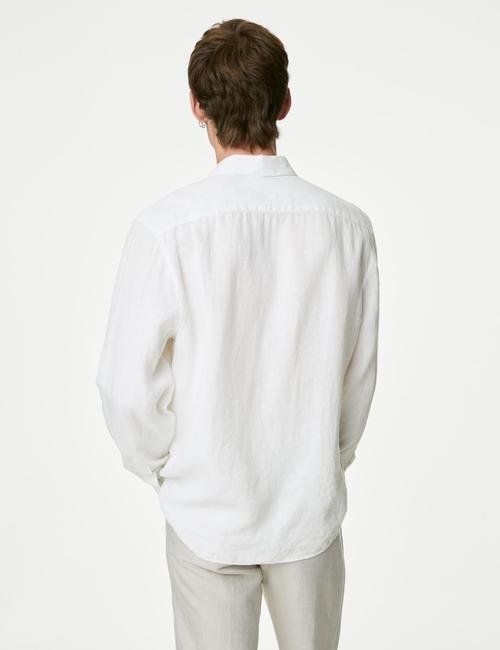 Beyaz Regular Fit Uzun Kollu Saf Keten Gömlek
