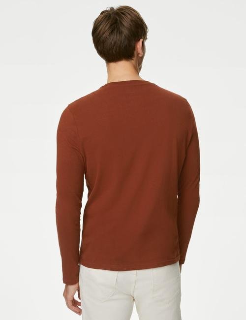 Kahverengi Saf Pamuklu Uzun Kollu T-Shirt
