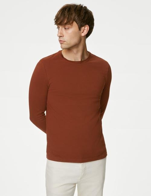 Kahverengi Saf Pamuklu Uzun Kollu T-Shirt