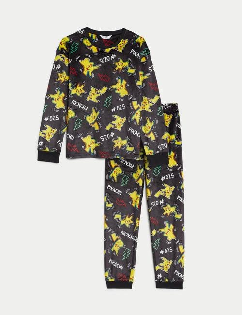 Siyah Pokemon™ Uzun Kollu Kadife Pijama Takımı (6-16 Yaş)