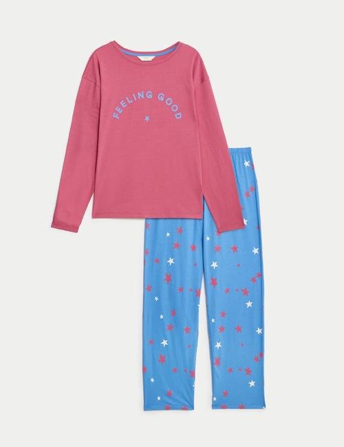 Pembe Saf Pamuklu Uzun Kollu Pijama Takımı