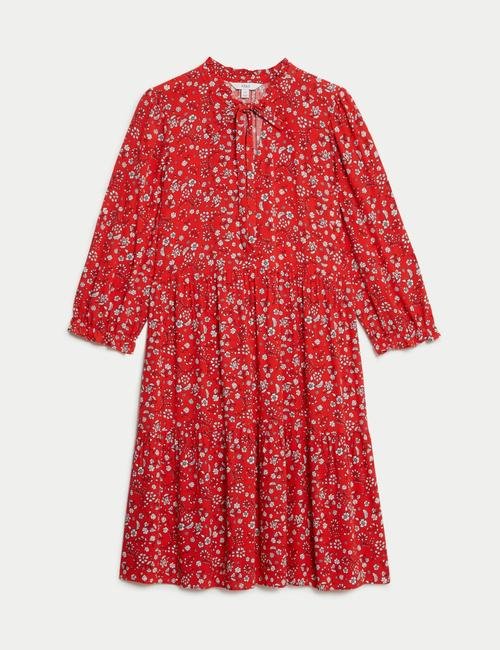 Kırmızı Çiçek Desenli Uzun Kollu Mini Elbise