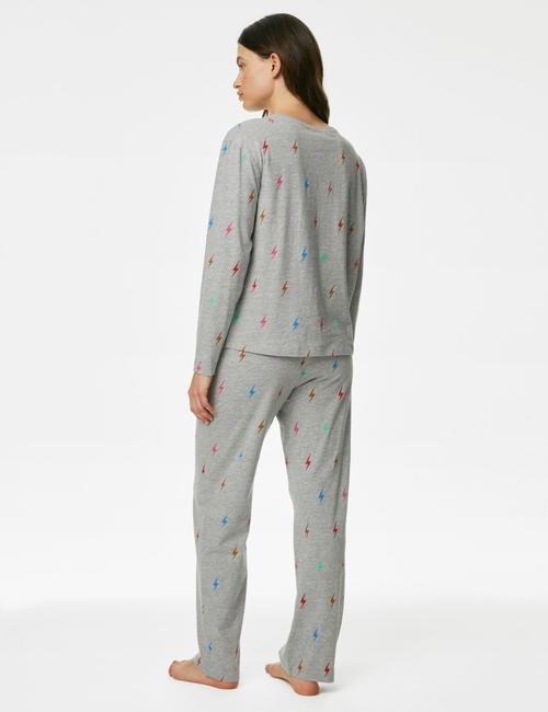 Gri Şimşek Desenli Uzun Kollu Pijama Takımı