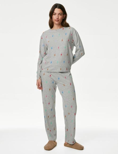 Gri Şimşek Desenli Uzun Kollu Pijama Takımı
