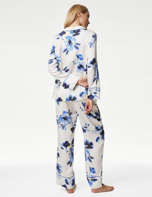 Krem Çiçek Desenli Uzun Kollu Saten Pijama Takımı