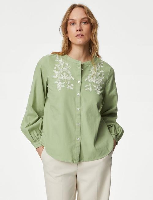 Yeşil Saf Pamuklu İşleme Detaylı Bluz