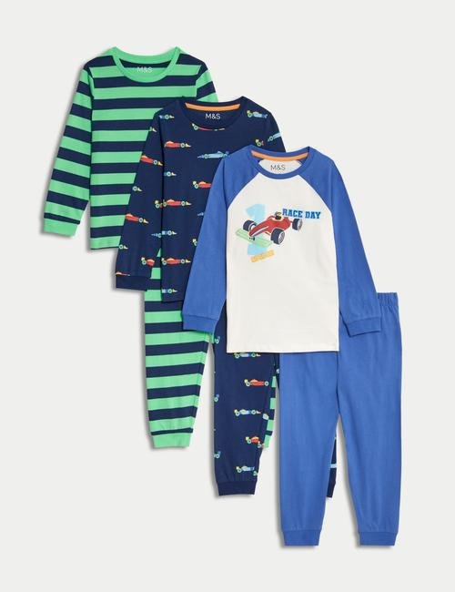 Mavi Saf Pamuklu 3'lü Desenli Pijama Takımı (1-8 Yaş)