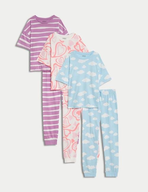 Pembe Saf Pamuklu 3'lü Desenli Pijama Takımı (6-16 Yaş)