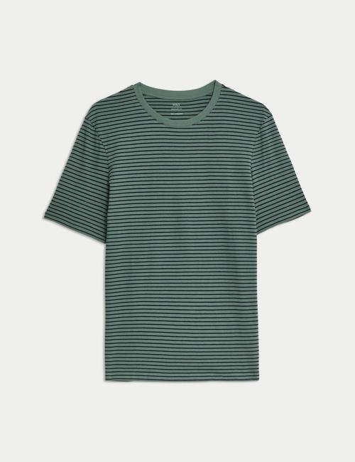 Yeşil Saf Pamuklu Kısa Kollu Çizgili T-Shirt