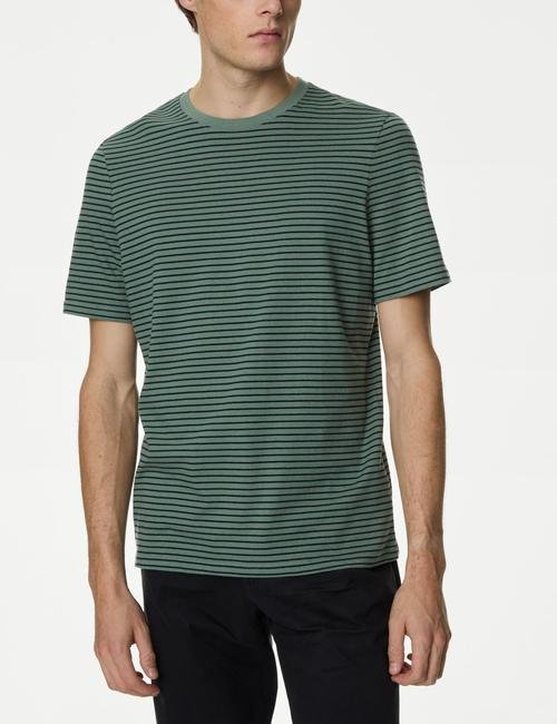 Yeşil Saf Pamuklu Kısa Kollu Çizgili T-Shirt