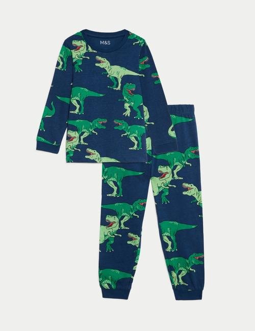 Lacivert Saf Pamuklu Uzun Kollu Desenli Pijama Takımı (1-8 Yaş)