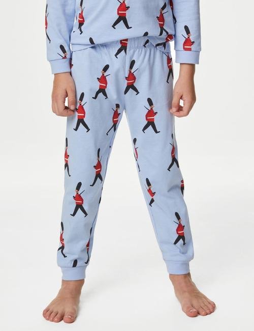 Mavi Saf Pamuklu Asker Desenli Pijama Takımı (1-8 Yaş)