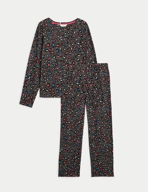 Gri Pamuklu Leopar Desenli Pijama Takımı