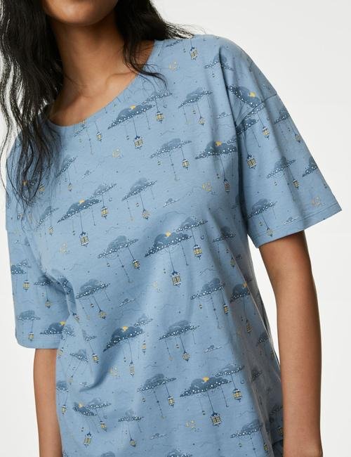 Mavi Saf Pamuklu Desenli Kısa Kollu Pijama Takımı
