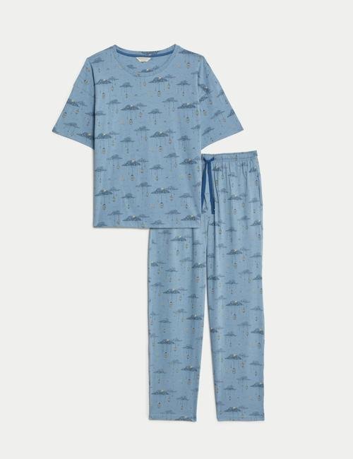 Mavi Saf Pamuklu Desenli Kısa Kollu Pijama Takımı