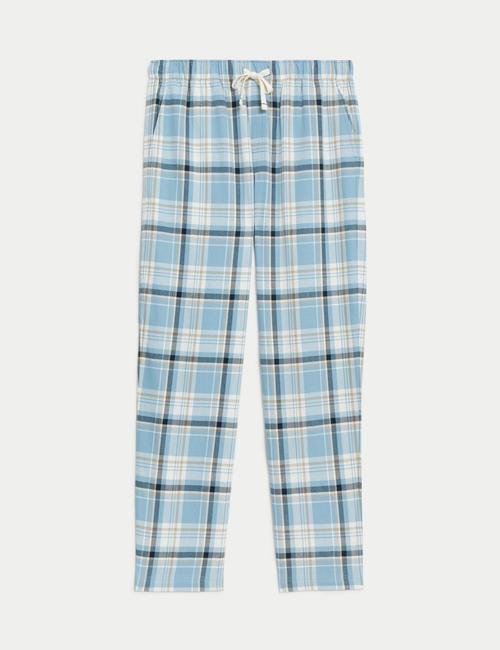 Mavi Saf Pamuklu Ekose Desenli Pijama Altı