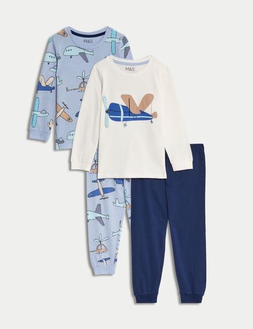 Mavi 2'li Saf Pamuklu Desenli Pijama Seti (1-8 Yaş)
