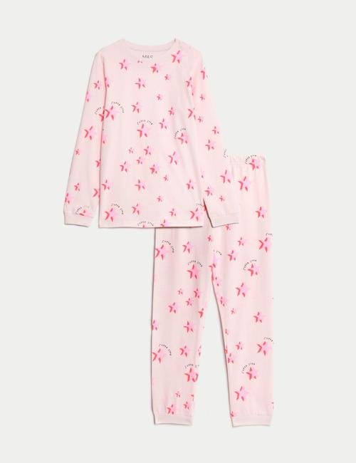 Pembe Saf Pamuklu Yıldız Desenli Pijama Takımı (7-14 Yaş)