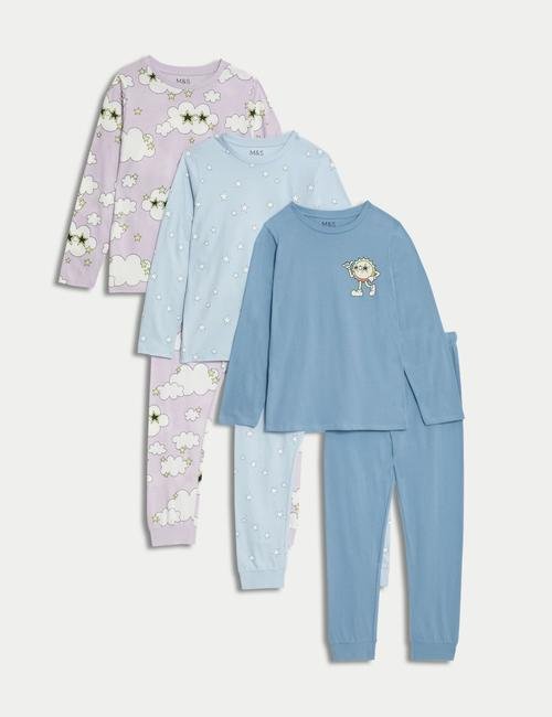 Mavi 3'lü Saf Pamuklu Desenli Pijama Seti (6-16 Yaş)