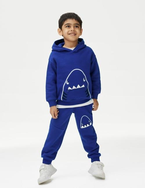 Mavi Köpek Balığı Desenli Kapüşonlu Sweatshirt (2-8 Yaş)