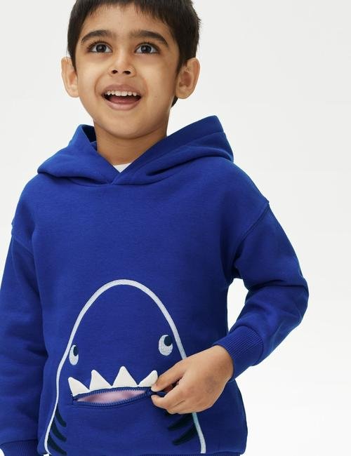 Mavi Köpek Balığı Desenli Kapüşonlu Sweatshirt (2-8 Yaş)